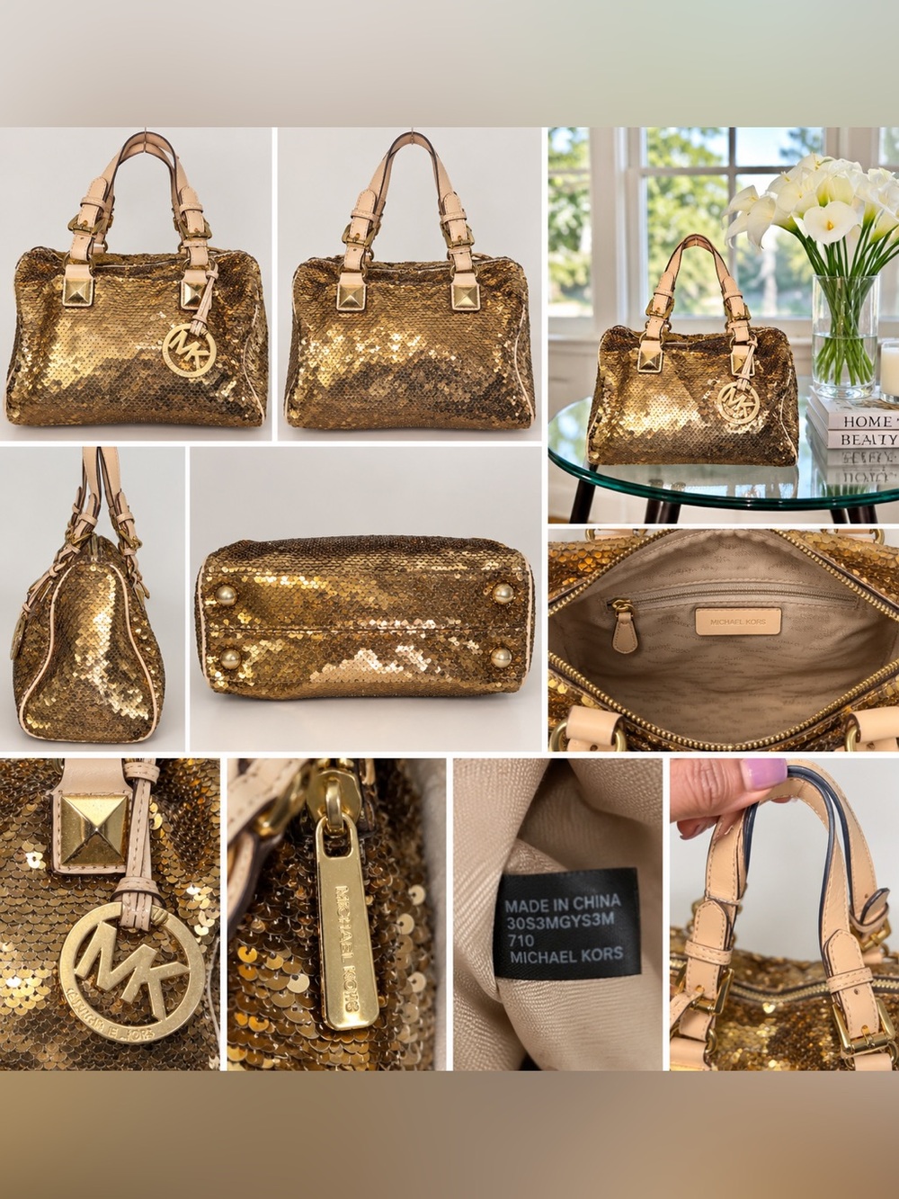 Michael Kors Gold Sequin Grayson Satchel Bag – Glam Metallic Satchel - Picture 8 of 10